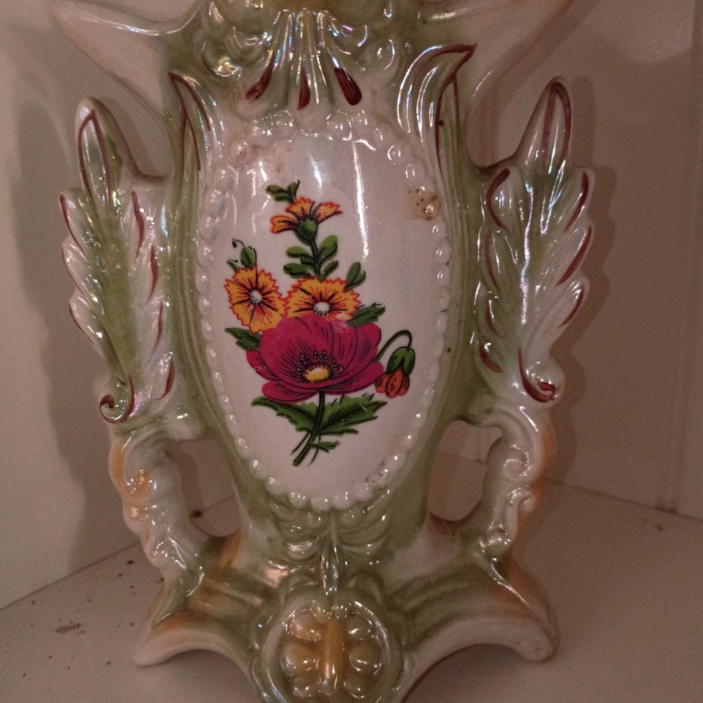 Vintage Floral Green and White Vase